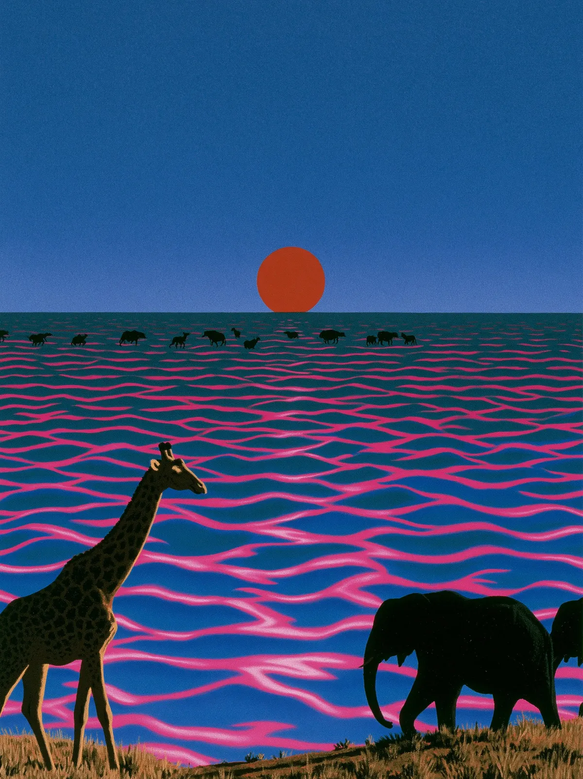 Surreal safari — deep blue sky, neon-pink water, red-orange sun